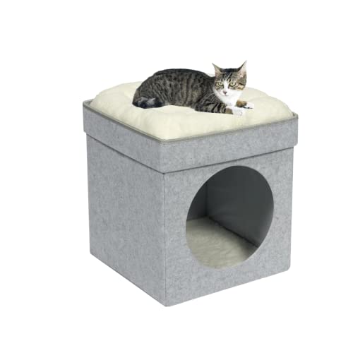 Bonlife Winter Felt Small Cat House Indoor,Foldable Pets Bed Cave Kennel with Two Move Cushion,Dog Bed Warm Comfortable