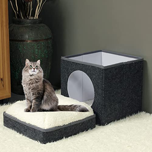 Bonlife Winter Felt Small Cat House Indoor,Foldable Pets Bed Cave Kennel with Two Move Cushion,Dog Bed Warm Comfortable