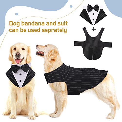 Dog Tuxedo Suit, Dog Clothes Coton Wedding Party Costume Puppy Formal Outfit Festival Shirt Coat Apparel with Detachable Bow Tie Bandana
