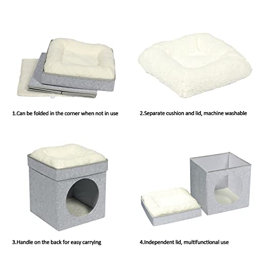 Bonlife Winter Felt Small Cat House Indoor,Foldable Pets Bed Cave Kennel with Two Move Cushion,Dog Bed Warm Comfortable