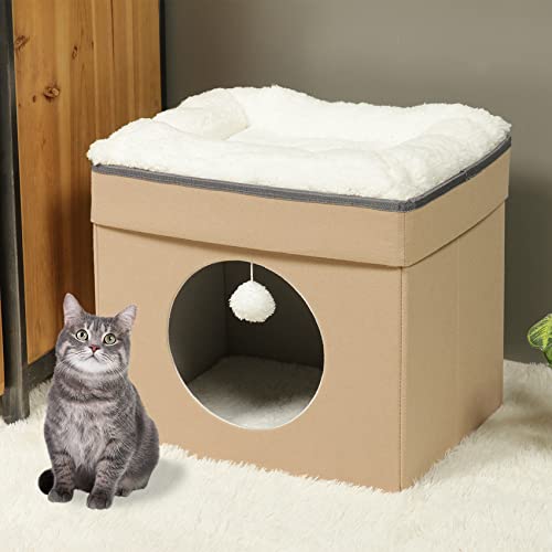 Bonlife Winter Felt Small Cat House Indoor,Foldable Pets Bed Cave Kennel with Two Move Cushion,Dog Bed Warm Comfortable