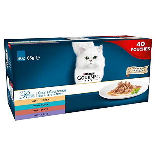 Gourmet Wet Cat Food Pouches in Gravy - Perle Chef's Collection 40 x 85g - Mix of Fish, Lamb, Duck, Turkey, Pet Food - Wet - Bulk Food, Cat Wet Food suitable for Adult and Senior Cats