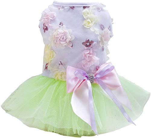 Izefia Dog Dress Puppy Skirt Dog Princess Dresses Rdc Pet Tutu Flower and Sequin Dot Wedding Lace Dress Luxury Bow Dress for Small Dog Girl