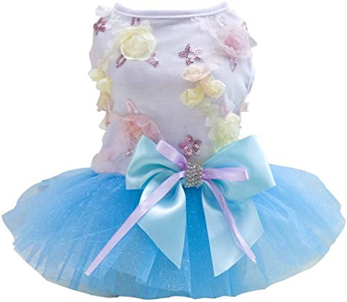 Izefia Dog Dress Puppy Skirt Dog Princess Dresses Rdc Pet Tutu Flower and Sequin Dot Wedding Lace Dress Luxury Bow Dress for Small Dog Girl