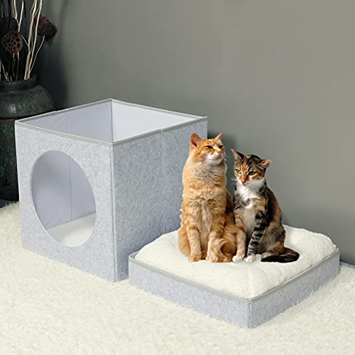 Bonlife Winter Felt Small Cat House Indoor,Foldable Pets Bed Cave Kennel with Two Move Cushion,Dog Bed Warm Comfortable