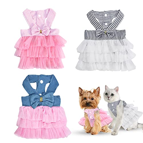 VANVENE Pet Dog Dresses for Small Dogs, Puppy Kitten Bowknot Striped Mesh Vest Tutu Princess Fancy Dress Skirt Apparel Supplies for Pomeranian Chihuahua Small Breed Dogs Cats Doggy