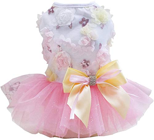 Izefia Dog Dress Puppy Skirt Dog Princess Dresses Rdc Pet Tutu Flower and Sequin Dot Wedding Lace Dress Luxury Bow Dress for Small Dog Girl