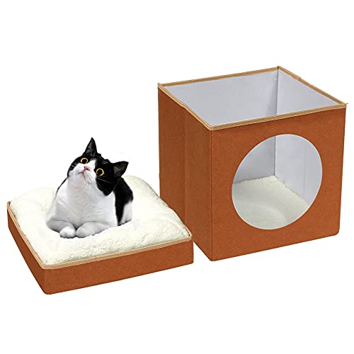Bonlife Winter Felt Small Cat House Indoor,Foldable Pets Bed Cave Kennel with Two Move Cushion,Dog Bed Warm Comfortable