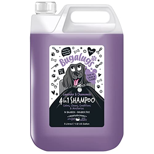 Dog Shampoo by Bugalugs lavender & chamomile 4 in 1 dog grooming shampoo products for smelly dogs with fragrance, best puppy shampoo, professional groom Vegan pet shampoo & conditioner