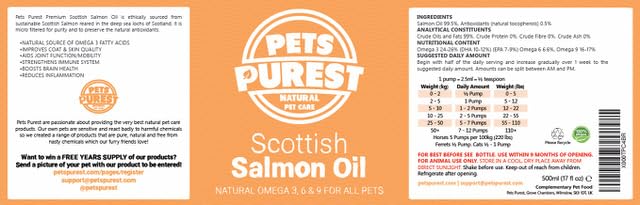 Pets Purest Scottish Salmon Oil For Dogs, Cats, Horse, Ferret & Pet - Pure Omega 3, 6 & 9 Fish Oil Food Treats Supplement for Natural Coat, Immune Support, Itchy Skin, Joint & Brain Health