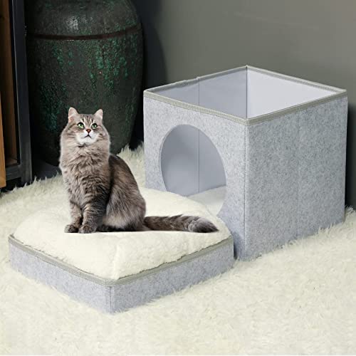 Bonlife Winter Felt Small Cat House Indoor,Foldable Pets Bed Cave Kennel with Two Move Cushion,Dog Bed Warm Comfortable