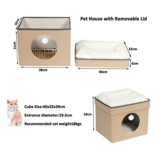 Bonlife Winter Felt Small Cat House Indoor,Foldable Pets Bed Cave Kennel with Two Move Cushion,Dog Bed Warm Comfortable