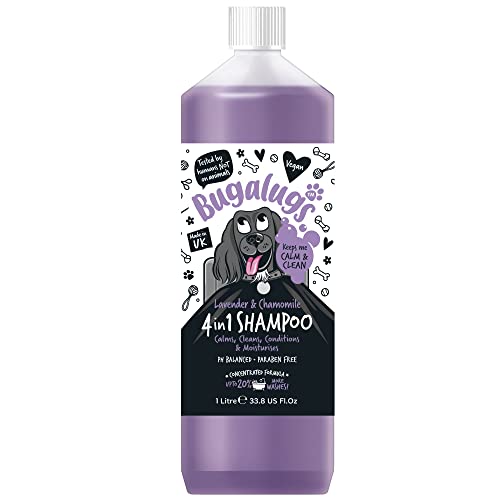 Dog Shampoo by Bugalugs lavender & chamomile 4 in 1 dog grooming shampoo products for smelly dogs with fragrance, best puppy shampoo, professional groom Vegan pet shampoo & conditioner