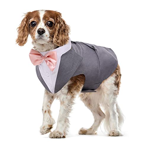 Dog Tuxedo Suit, Dog Clothes Coton Wedding Party Costume Puppy Formal Outfit Festival Shirt Coat Apparel with Detachable Bow Tie Bandana