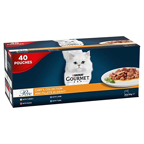 Gourmet Wet Cat Food Pouches in Gravy - Perle Chef's Collection 40 x 85g - Mix of Fish, Lamb, Duck, Turkey, Pet Food - Wet - Bulk Food, Cat Wet Food suitable for Adult and Senior Cats