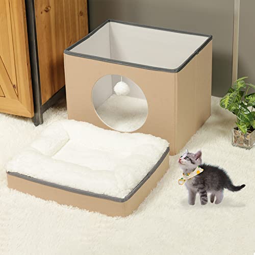 Bonlife Winter Felt Small Cat House Indoor,Foldable Pets Bed Cave Kennel with Two Move Cushion,Dog Bed Warm Comfortable