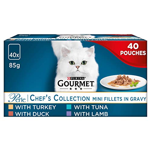 Gourmet Wet Cat Food Pouches in Gravy - Perle Chef's Collection 40 x 85g - Mix of Fish, Lamb, Duck, Turkey, Pet Food - Wet - Bulk Food, Cat Wet Food suitable for Adult and Senior Cats