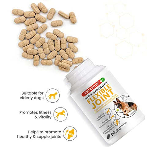Vetzyme | High Strength Flexible Joint Supplements for Senior Dogs | Hip & Joint Care Tablets | Tasty Chicken Treats with Glucosamine & Omega 3, 90 Count