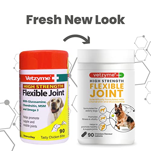 Vetzyme | High Strength Flexible Joint Supplements for Senior Dogs | Hip & Joint Care Tablets | Tasty Chicken Treats with Glucosamine & Omega 3, 90 Count