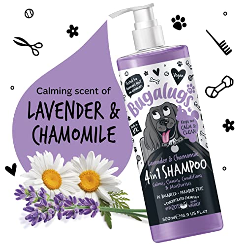 Dog Shampoo by Bugalugs lavender & chamomile 4 in 1 dog grooming shampoo products for smelly dogs with fragrance, best puppy shampoo, professional groom Vegan pet shampoo & conditioner