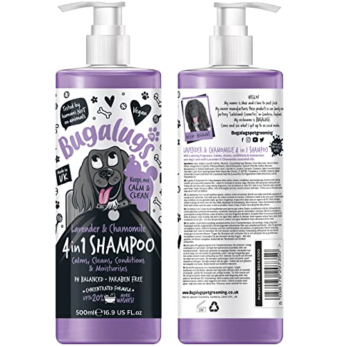 Dog Shampoo by Bugalugs lavender & chamomile 4 in 1 dog grooming shampoo products for smelly dogs with fragrance, best puppy shampoo, professional groom Vegan pet shampoo & conditioner