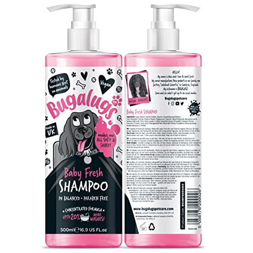 BUGALUGS Baby Fresh Dog Shampoo 500ml dog grooming shampoo products for smelly dogs with baby powder scent, best puppy shampoo baby fresh, shampoo conditioner, Vegan pet shampoo professional