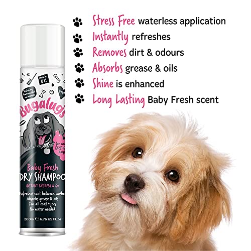 BUGALUGS Baby Fresh Dog Shampoo 500ml dog grooming shampoo products for smelly dogs with baby powder scent, best puppy shampoo baby fresh, shampoo conditioner, Vegan pet shampoo professional