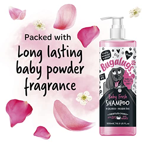 BUGALUGS Baby Fresh Dog Shampoo 500ml dog grooming shampoo products for smelly dogs with baby powder scent, best puppy shampoo baby fresh, shampoo conditioner, Vegan pet shampoo professional