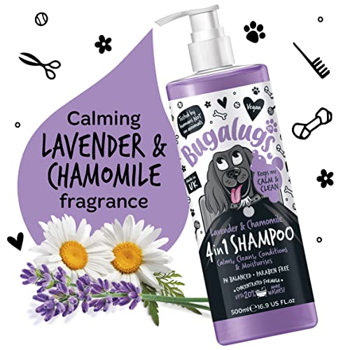 Dog Shampoo by Bugalugs lavender & chamomile 4 in 1 dog grooming shampoo products for smelly dogs with fragrance, best puppy shampoo, professional groom Vegan pet shampoo & conditioner