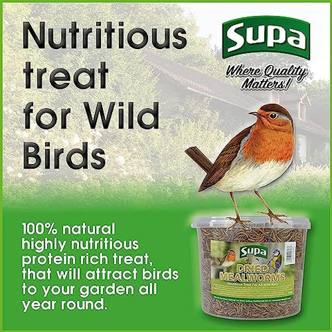 Supa Dried Mealworms for Wild Birds, 3 Litre Bucket, High Energy Protein Rich Treat For Garden Birds, Attract More Birds To Your Garden, Quality Wild Bird Food.