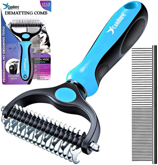 Candure Dematting Comb for Dog and Cat, Pet Grooming Rake and Brushes for Small, Medium & Large Dogs 17+9 Double Sided Deshedding Tool Removes Knots and Tangled Hair