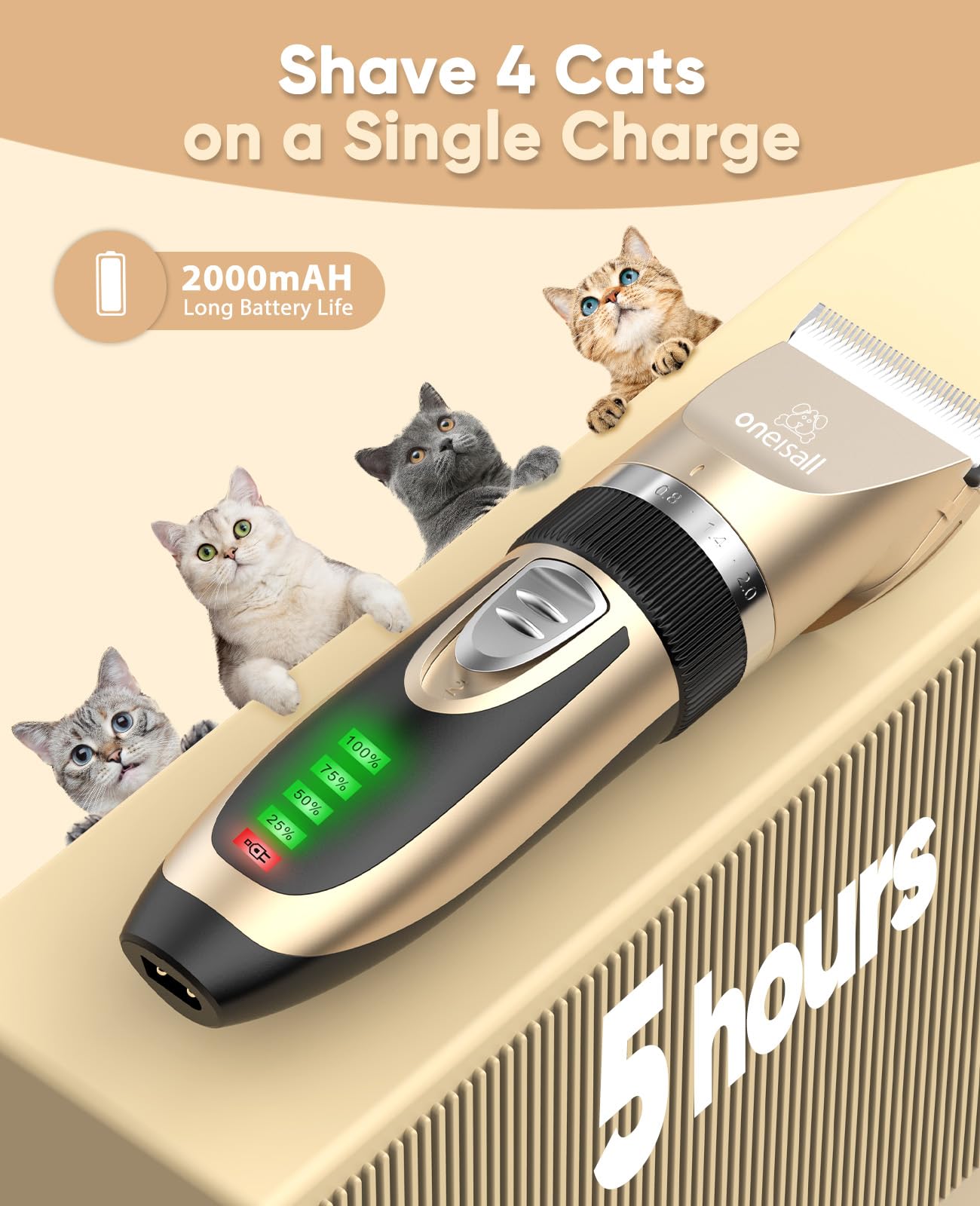oneisall Cat Grooming Clippers for Matted Hair, 2-Speed Cordless Low Noise Pet Hair Clipper Trimmer for Dogs Cats Animals