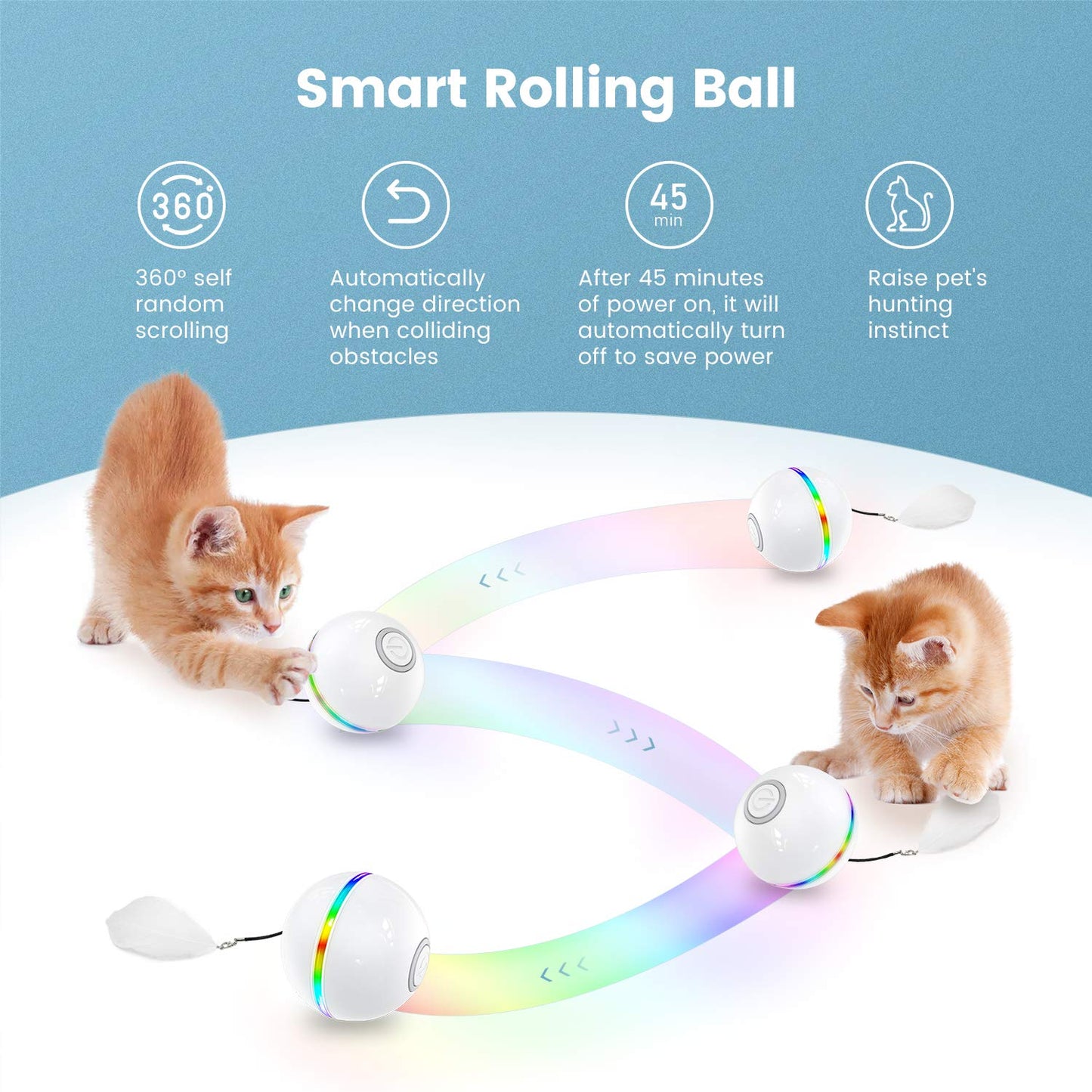 Iokheira Interactive Cat Toys Ball (4th Gen) Wicked Ball for Indoor Cats Adult, Auto 360° Self-Rotating & USB Rechargeable with LED Red Light Toy for Cat Kitten