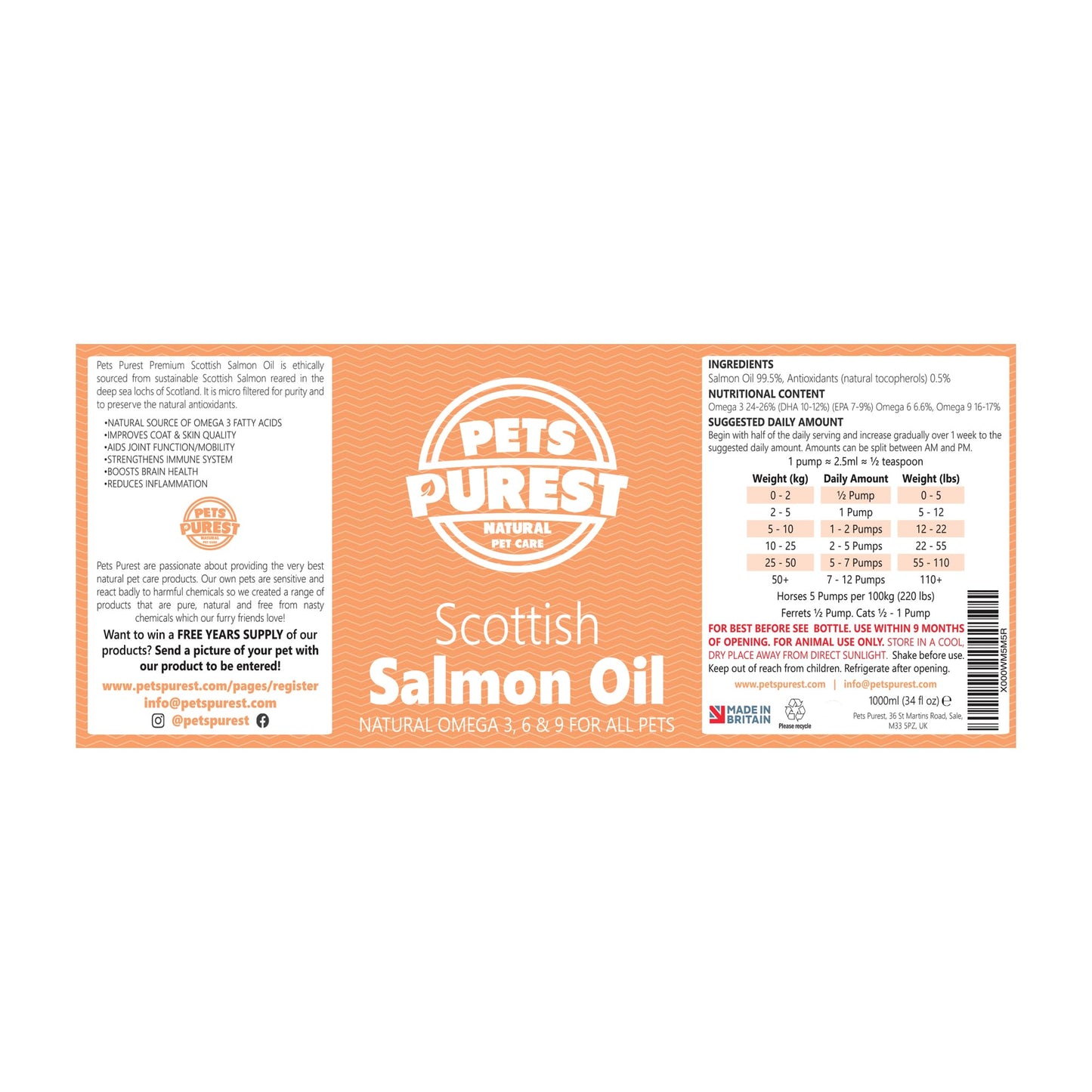 Pets Purest Scottish Salmon Oil For Dogs, Cats, Horse, Ferret & Pet - Pure Omega 3, 6 & 9 Fish Oil Food Treats Supplement for Natural Coat, Immune Support, Itchy Skin, Joint & Brain Health