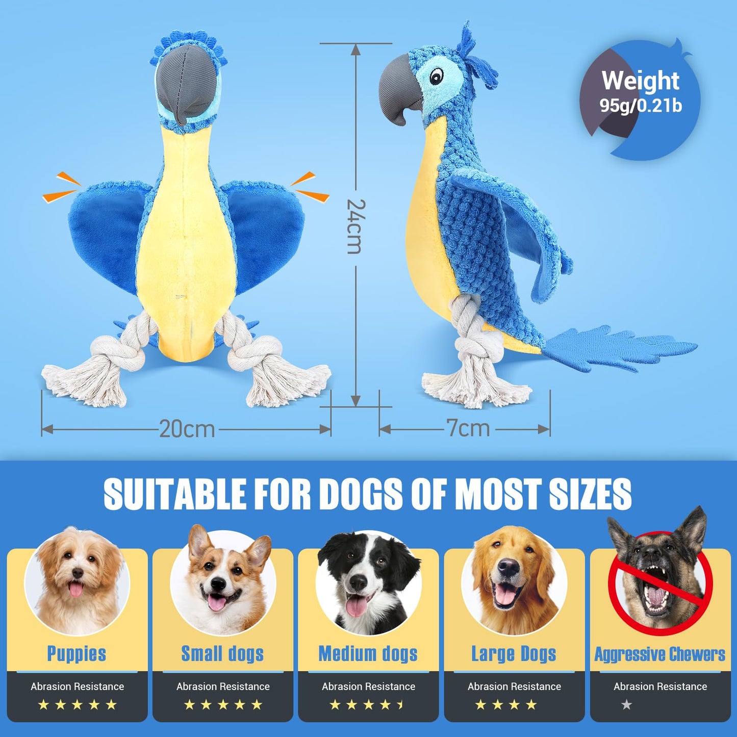 ROSAUI Dog Toys, 2PCS Plush Squeaky Cockatoo Dog Toy - Interactive and Dental Cleaning Pet Chew Toy for All Breed Sizes Dog