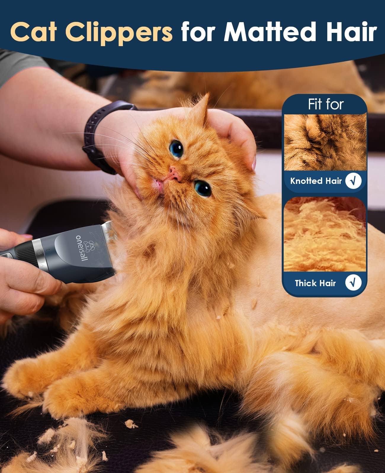 oneisall Cat Grooming Clippers for Matted Hair, 2-Speed Cordless Low Noise Pet Hair Clipper Trimmer for Dogs Cats Animals
