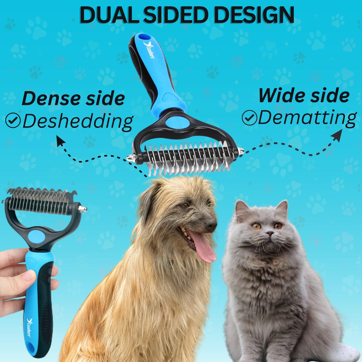 Candure Dematting Comb for Dog and Cat, Pet Grooming Rake and Brushes for Small, Medium & Large Dogs 17+9 Double Sided Deshedding Tool Removes Knots and Tangled Hair
