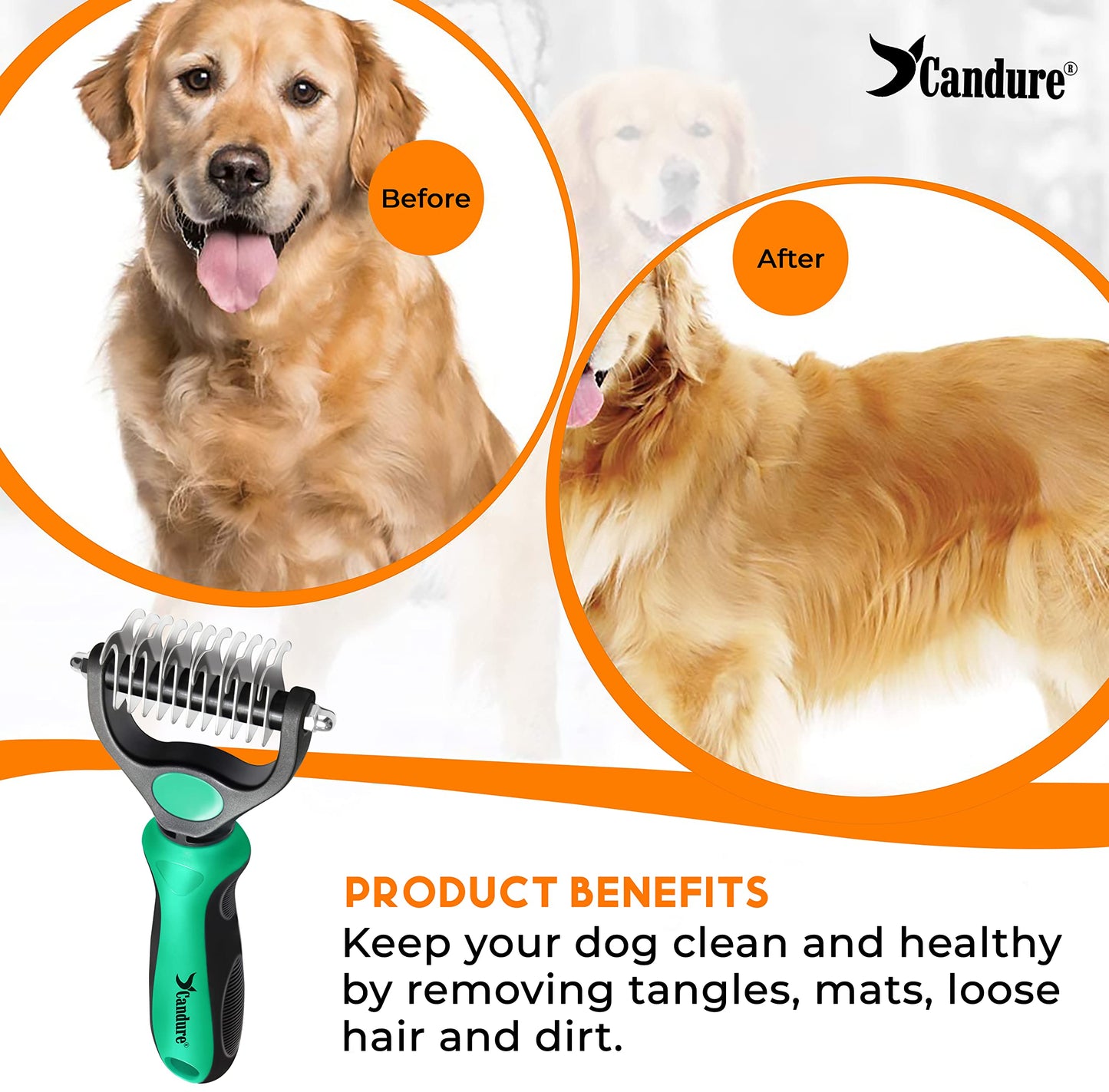 Candure Dematting Comb for Dog and Cat, Pet Grooming Rake and Brushes for Small, Medium & Large Dogs 17+9 Double Sided Deshedding Tool Removes Knots and Tangled Hair
