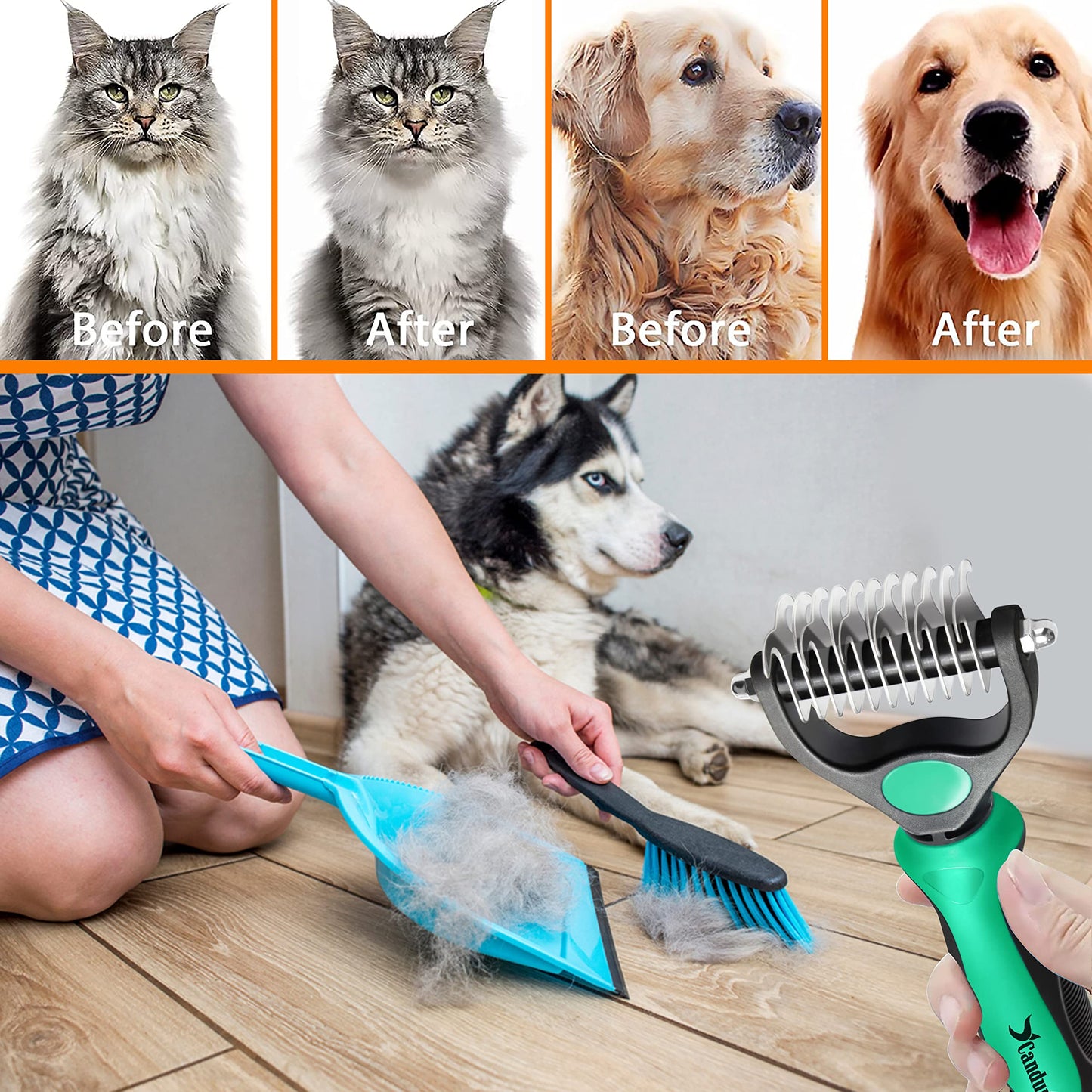 Candure Dematting Comb for Dog and Cat, Pet Grooming Rake and Brushes for Small, Medium & Large Dogs 17+9 Double Sided Deshedding Tool Removes Knots and Tangled Hair
